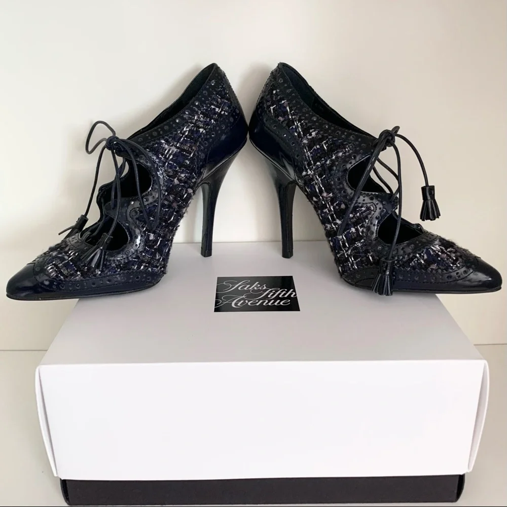 Tory Burch tweed tassel lace up oxford heels